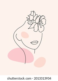 Background with an abstract face of a woman with a flower, black outline. Vector illustration for a poster, booklet, flyer, cover or wall decor.