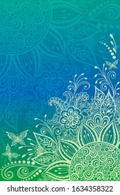 Background with Abstract Floral Outline Calligraphic Pattern, Symbolic Flowers and Leafs. Vector