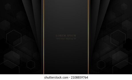 Background with abstract geometric pattern. Black hexagon shapes with textured layers and golden lines compose this composition. Vector illustration