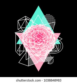 Background with abstract geometric shapes and flower. Line art print.