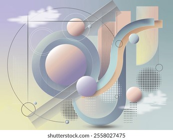 background abstract  geometric shapes, Soft pastel tones of green, purple,yellow , creating a retro-futuristic, illustration vektor, for  web banner ,wallpapper, pattern design, cover book