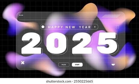 Plano de fundo abstrato gradiente líquido feliz ano novo 2025 design glassmorphism efeito. ilustração vetorial