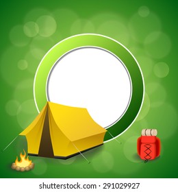 Background abstract green camping tourism yellow tent red backpack bonfire circle frame illustration vector