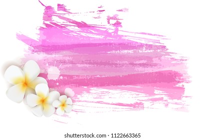 Background with abstract grunge watercolor brushed lines and tropical plumeria flowers. Summer travel concept background. 
