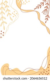 background with abstract hand drawn botanical elements and stains dots stripes waves. Trendy covers template in vertical format