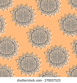 Background with abstract hand drawn waves pattern with decorative element and stylized flowers. Seamless texture with sunflower.