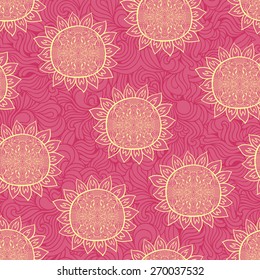 Background with abstract hand drawn waves pattern with decorative element and stylized flowers. Seamless texture with sunflower. Summer texture.