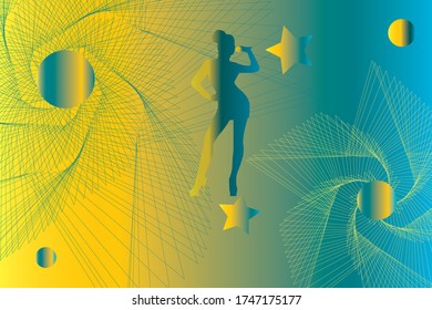 fondo con imagen abstracta de líneas rotas y un círculo y silueta de un cantante sobre un fondo amarillo turquesa