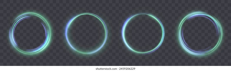 Background abstract light effect ring glow. Energy flow tunnel on a transparent background. Green portal, platform. Magic circle vector. Round frame with light effect