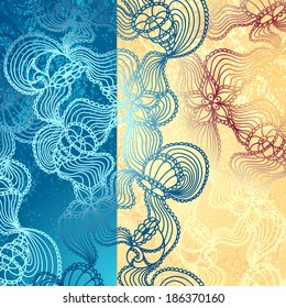 Background with  abstract marine lace seashells, starfish, sea flowers, coelenterates in blue beige colors