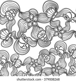 Background with  abstract marine lace seashells, starfish, sea flowers, coelenterates in black white for coloring page or relax coloring book