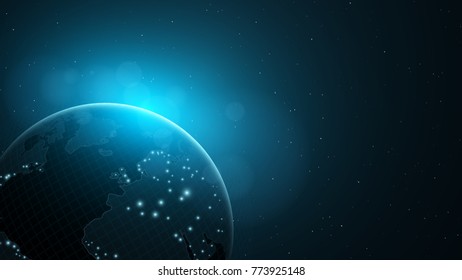Background with an abstract planet in space. World map. Blue glow. Vector illustration