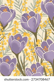 Background with Abstract Purple Crocus Flowers and Mimosa Branches. Spring Flowers for the design of posters, greeting cards, banners, covers