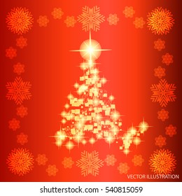 Background in abstract red and white colors with christmas tree. Vector illustration.