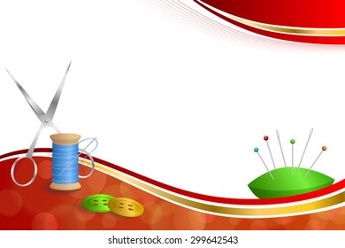 Background abstract sewing thread equipment scissors button needle pin blue green red yellow gold ribbon frame illustration vector