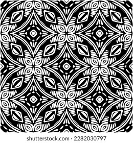 Fondo con formas abstractas. Textura en blanco y negro. Patrón de repetición monocromo sin inconvenientes para páginas web, texturas, tarjeta, afiche, tela, textil.