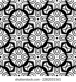 Fondo con formas abstractas. Textura en blanco y negro. Patrón de repetición monocromo sin inconvenientes para páginas web, texturas, tarjeta, afiche, tela, textil.