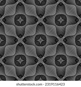  Background with abstract shapes. Black and white texture. Seamless monochrome repeating pattern  for decor, fabric, cloth. 