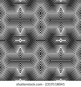  Hintergrund mit abstrakten Formen. Schwarz-Weiß-Textur. Nahtlose, monochrome Wiederholung für Dekoration, Stoff, Stoff. 