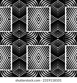  Hintergrund mit abstrakten Formen. Schwarz-Weiß-Textur. Nahtlose, monochrome Wiederholung für Dekoration, Stoff, Stoff. 
