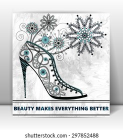 Background with abstract shoes and flowers. Beauty makes everything better. Vector, EPS10.