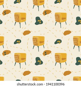 Background of abstract spots and yellow chairs. Convenient interior decor elements. In the vector, the furniture is in the form of a pattern. Insulated pattern for interior or textile use. Vector 