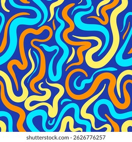 Background Abstract Swirls and Wavy Lines in Vibrant Colors on a Blue Surface