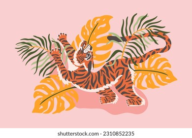 Background with abstract tiger in jungle. Retro japanese oriental style. Endangered animal. Flat hand drawn vector for t shirt print, logo, poster template, tattoo idea. 