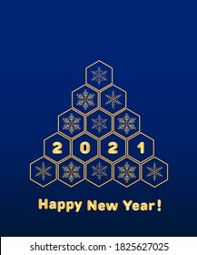 Background of abstract tree of hexagons with snowflakes and 