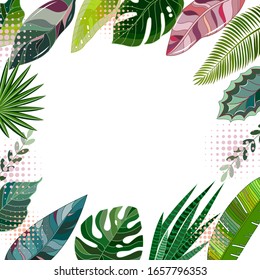 Background with abstract tropical leaves. Template for greetings, invitation. Vector illustration.