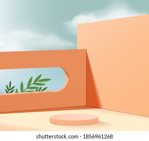 Background abstract vector 3d orange podium and minimal cloud scene with leaves summer, podium 3d rendering, abstract geometric pink background. Stage summer product cosmetic platform 3d sky display.