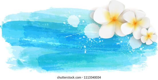 Background with abstract watercolor brushed lines and tropical plumeria flowers. Summer travel concept design. 