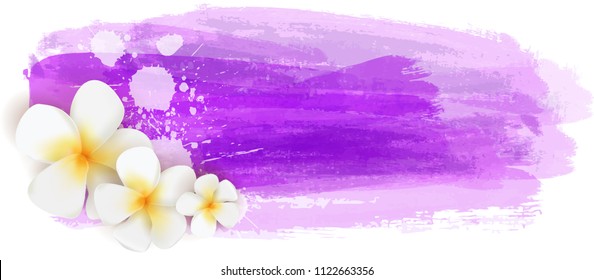 Background with abstract watercolor brushed lines and tropical plumeria flowers. Summer travel concept background. 