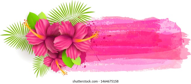 Background with abstract watercolor brushed lines and tropical hibiscus flowers. Summer travel concept background. Pink colored.