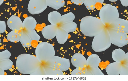 Background with abstract watercolor splash and tropical plumeria flowers on black 