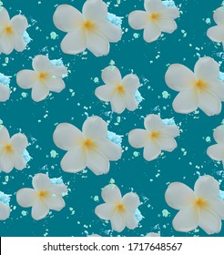 Background with abstract watercolor splash and tropical plumeria flowers.
