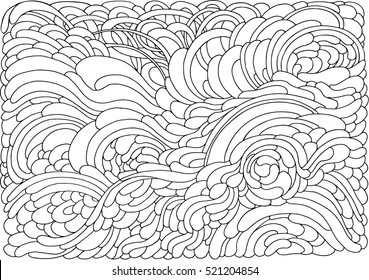 Background with abstract waves. Black and white doodle vector illustration. Coloring book for adult and older children. Coloring page. Outline drawing.