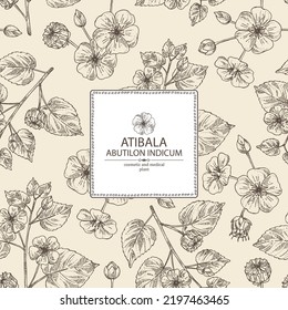 Background with abutilon indicum: abutilon indicum plant, leaves and atibala flowers. Atibala. Cosmetic, perfumery and medical plant. Vector hand drawn illustration