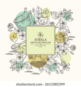 Background with abutilon indicum: abutilon indicum plant, leaves and atibala flowers. Atibala. Oil, soap and bath salt . Cosmetics and medical plant. Vector