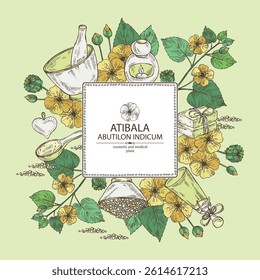 Background with abutilon indicum: abutilon indicum plant, leaves and atibala flowers. Atibala. Oil, soap and bath salt . Cosmetics and medical plant. Vector