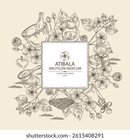 Background with abutilon indicum: abutilon indicum plant, leaves and atibala flowers. Atibala. Oil, soap and bath salt . Cosmetics and medical plant. Vector