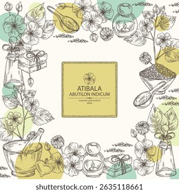 Background with abutilon indicum: abutilon indicum plant, leaves and atibala flowers. Atibala. Oil, soap and bath salt . Cosmetics and medical plant. Vector