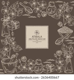 Background with abutilon indicum: abutilon indicum plant, leaves and atibala flowers. Atibala. Oil, soap and bath salt . Cosmetics and medical plant. Vector