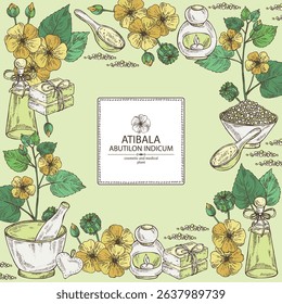 Background with abutilon indicum: abutilon indicum plant, leaves and atibala flowers. Atibala. Oil, soap and bath salt . Cosmetics and medical plant. Vector