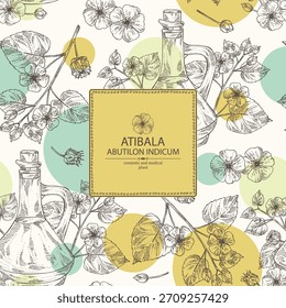 Fondo con abutilon indicum: abutilon indicum planta, hojas, flores de atibala y botella de aceite de atibala. Atibala. Vector dibujado a mano ilustración.