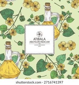 Fundo com abutilon indicum: planta de abutilon indicum, folhas, flores de atibala e garrafa de óleo de atibala. Atibala. Ilustração desenhada à mão vetorial.