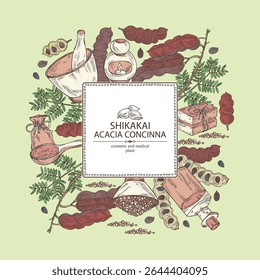Background with acacia concinna: shikakai plant, leaves and acacia concinna bean. Shikakai. Oil, soap and bath salt . Cosmetics and medical plant. Vector hand drawn