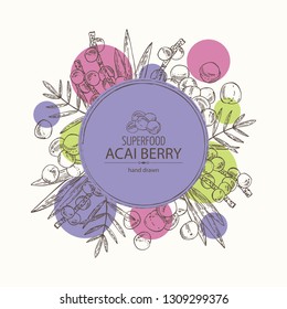 Background with acai berries and acai palm. Super food. Vector hand drawn illustration. 