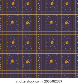Background with acorns in a circle of doodle. Pattern with stripes and squares. Backing for wrapping paper or textiles. Vector illustration
