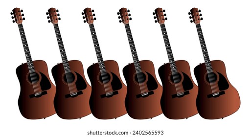 A background of acoustic guitars set on a white background